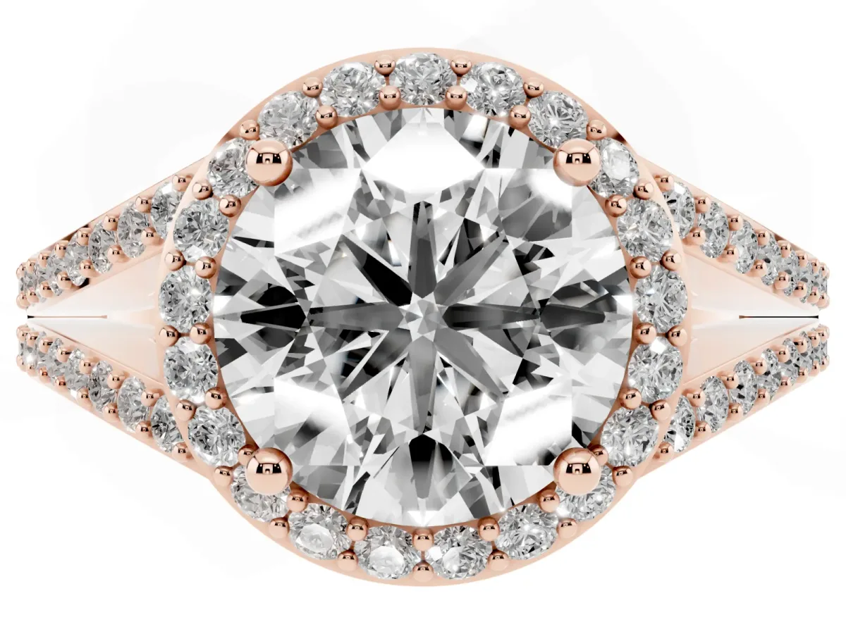 Round Cut Halo Split Shank Pave Diamond Ring with Four-Prong Setting Rose gold
