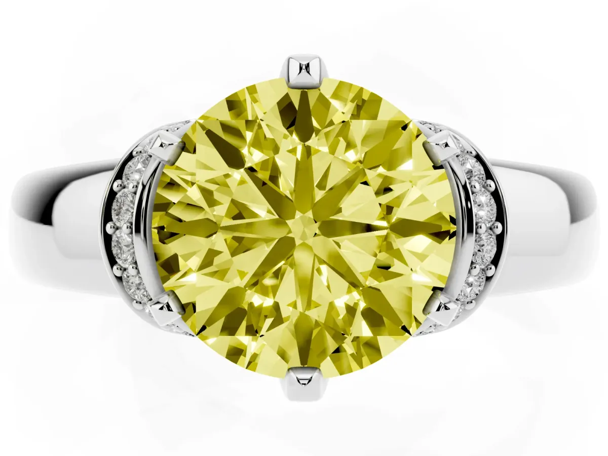 Fancy Yellow Round Cut Solitaire Diamond Ring with Pave Band and Six-Prong Setting Silver