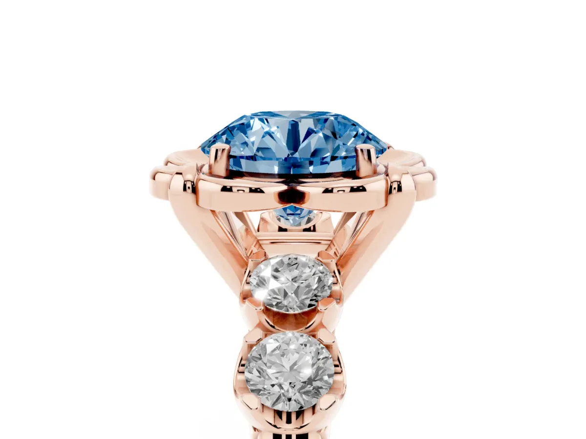 Fancy Blue Round Cut Cut Diamond Floral Halo Engagement Ring with Shared Prong Setting Rose gold