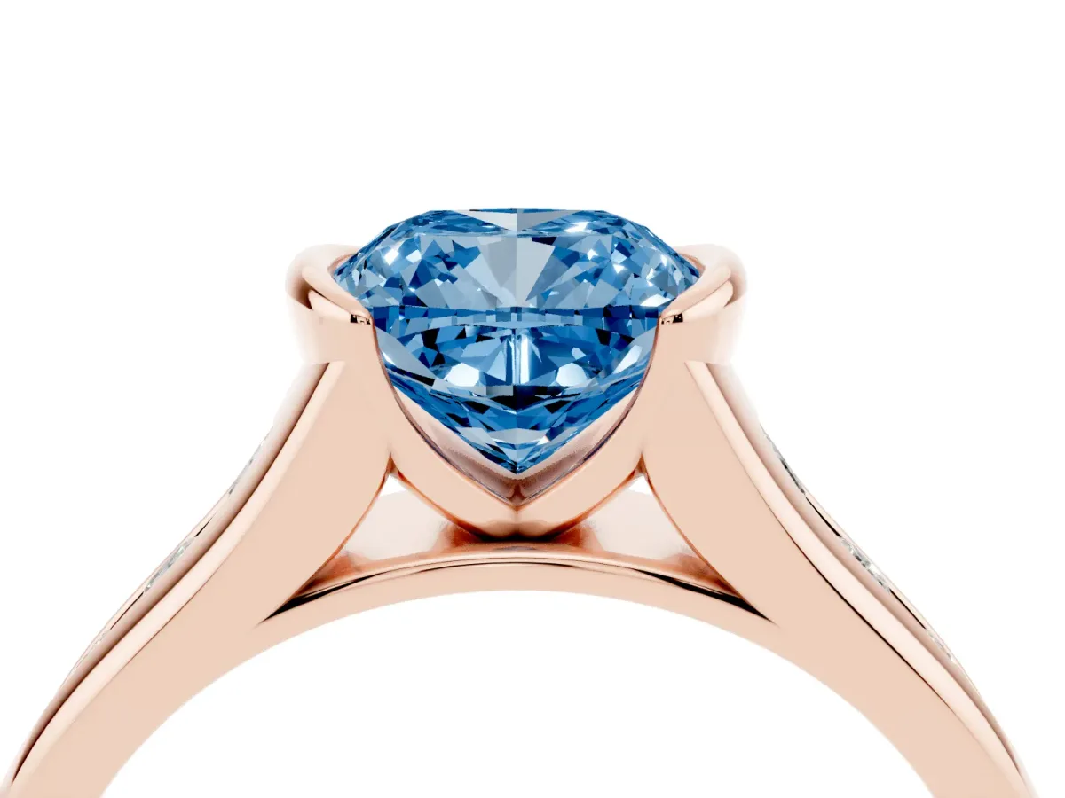 Fancy Blue Cushion Cut Solitaire Bezel-Set Diamond Ring with Channel-Set Band Rose gold