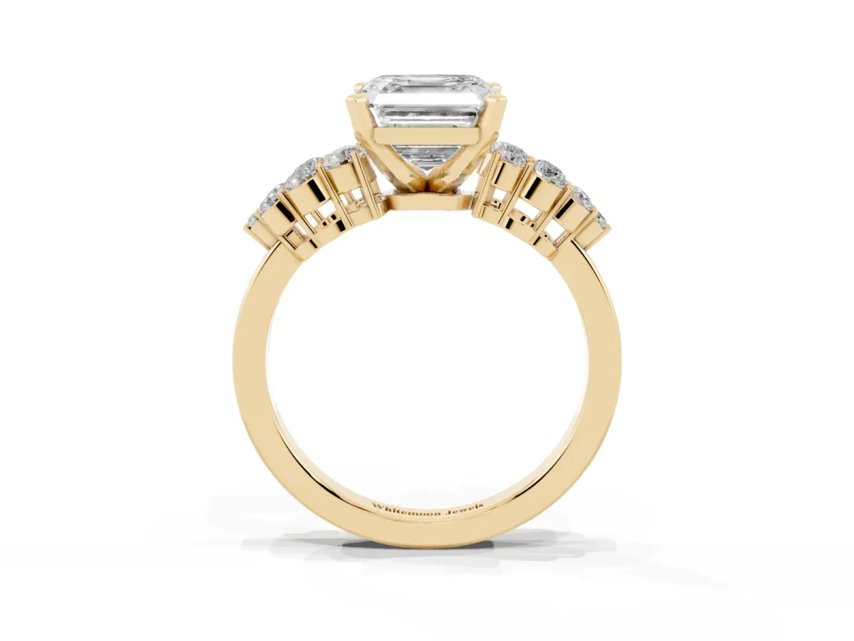 Asscher Cut Cluster Diamond Engagement Ring with Pavé Band and Four-Prong Setting Yellow gold