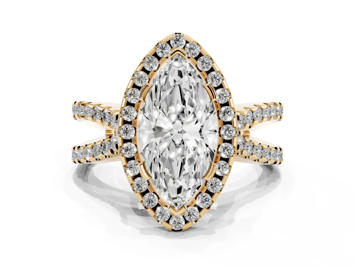 Marquise Cut Diamond Halo Ring with Split Shank Pavé Band and Prong Setting Yellow gold