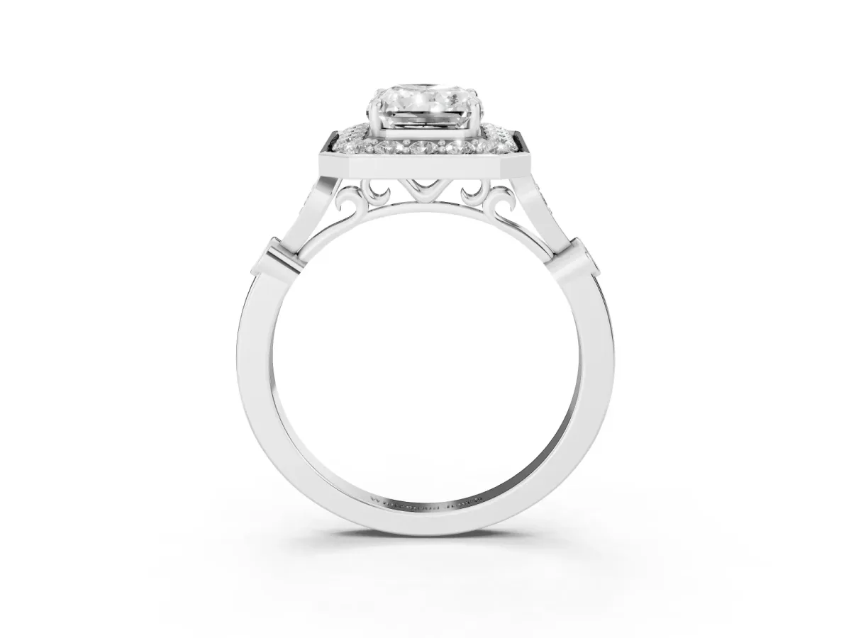Radiant Cut Halo Diamond Engagement Ring with Twisted Band and Four-Prong Setting Platinum