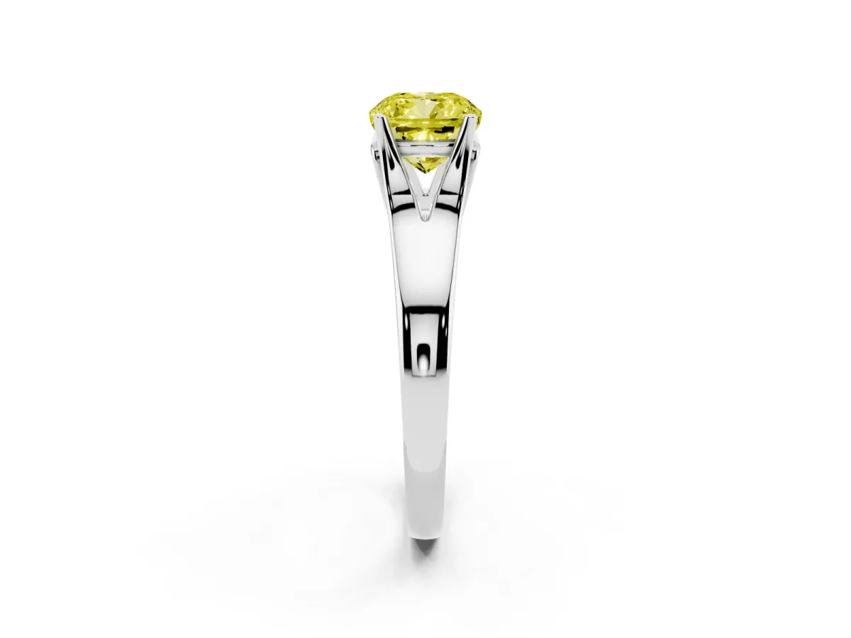 Fancy Yellow Cushion Cut Solitaire Diamond Ring with Cathedral Band and Four-Prong Setting Silver