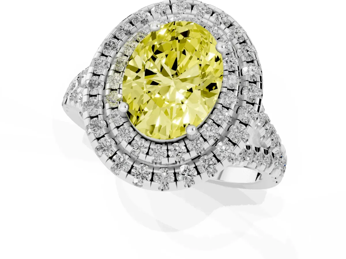 Fancy Yellow Double Halo Oval Cut Diamond Pavé Split Shank Ring with Prong Setting Platinum