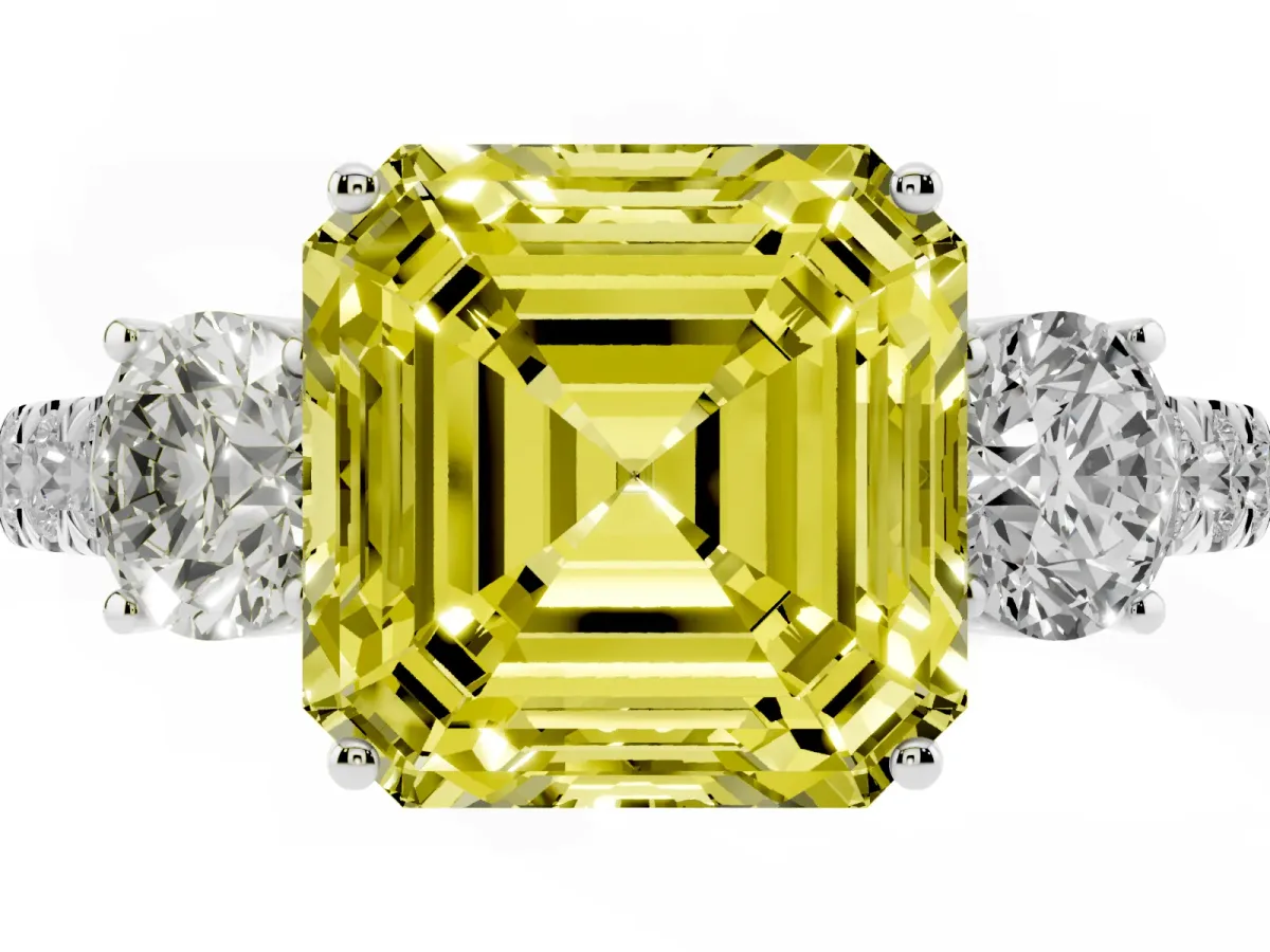 Fancy Yellow Asscher Cut Cut Diamond Three-Stone Ring with Round Side Stones and Pavé Band Silver