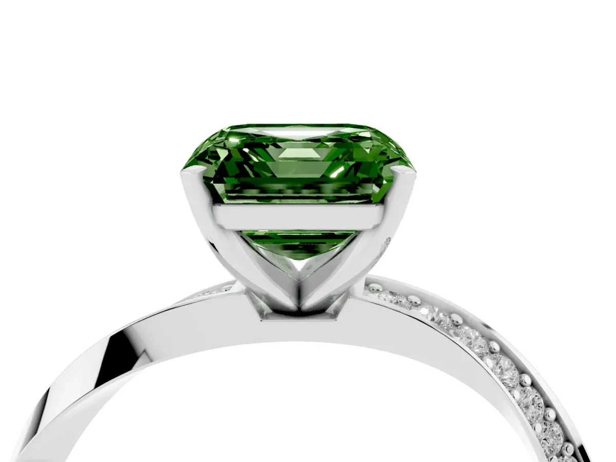 Fancy Green Asscher Cut Diamond Engagement Ring with Side Stone Accents and Four-Prong Setting Platinum