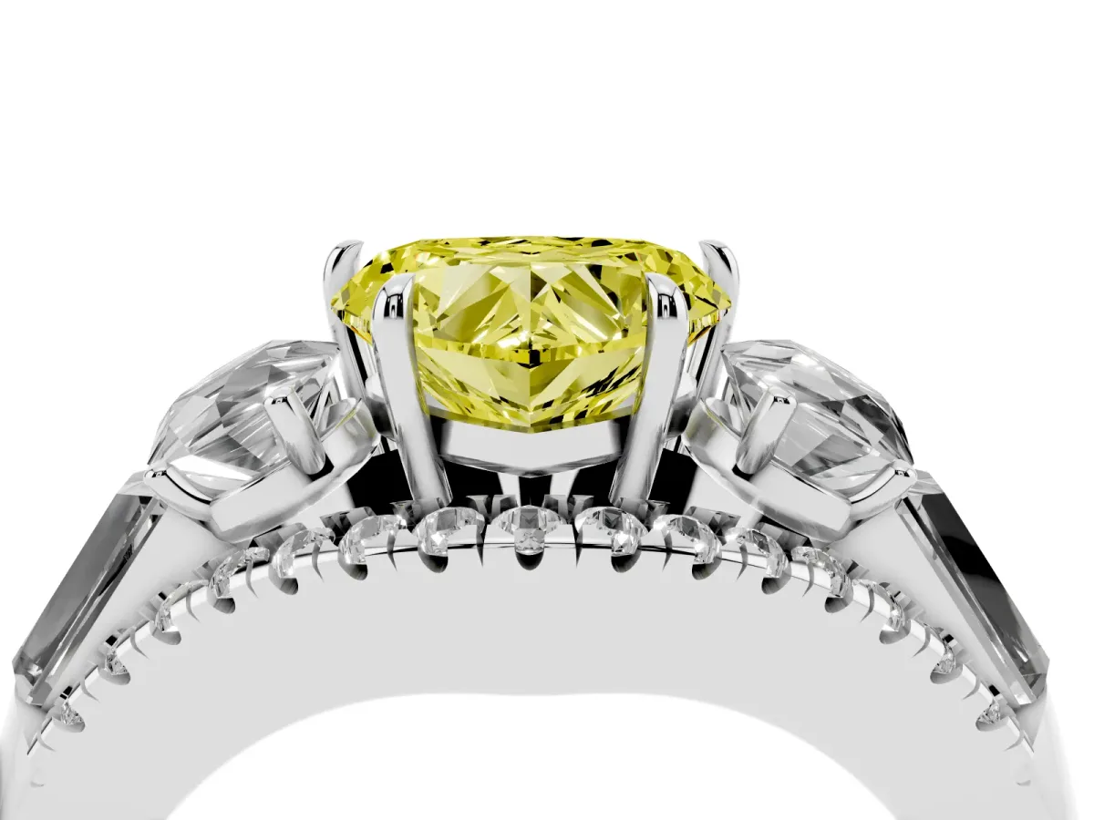 Fancy Yellow Three-Stone Heart Cut Diamond Engagement Ring with Pave Band and Prong Setting Silver