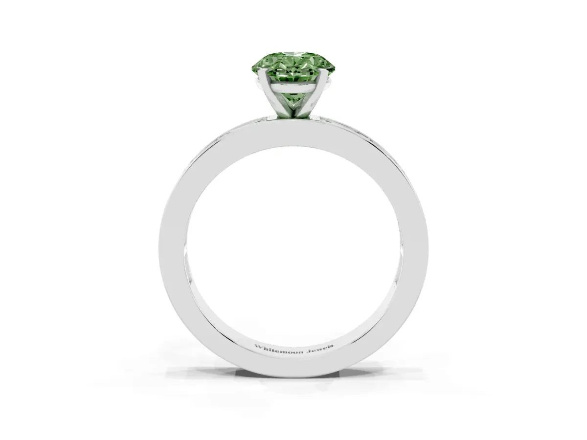 Fancy Green Oval Cut Solitaire Diamond Ring with Channel-Set Baguette Band and Four-Prong Setting White gold