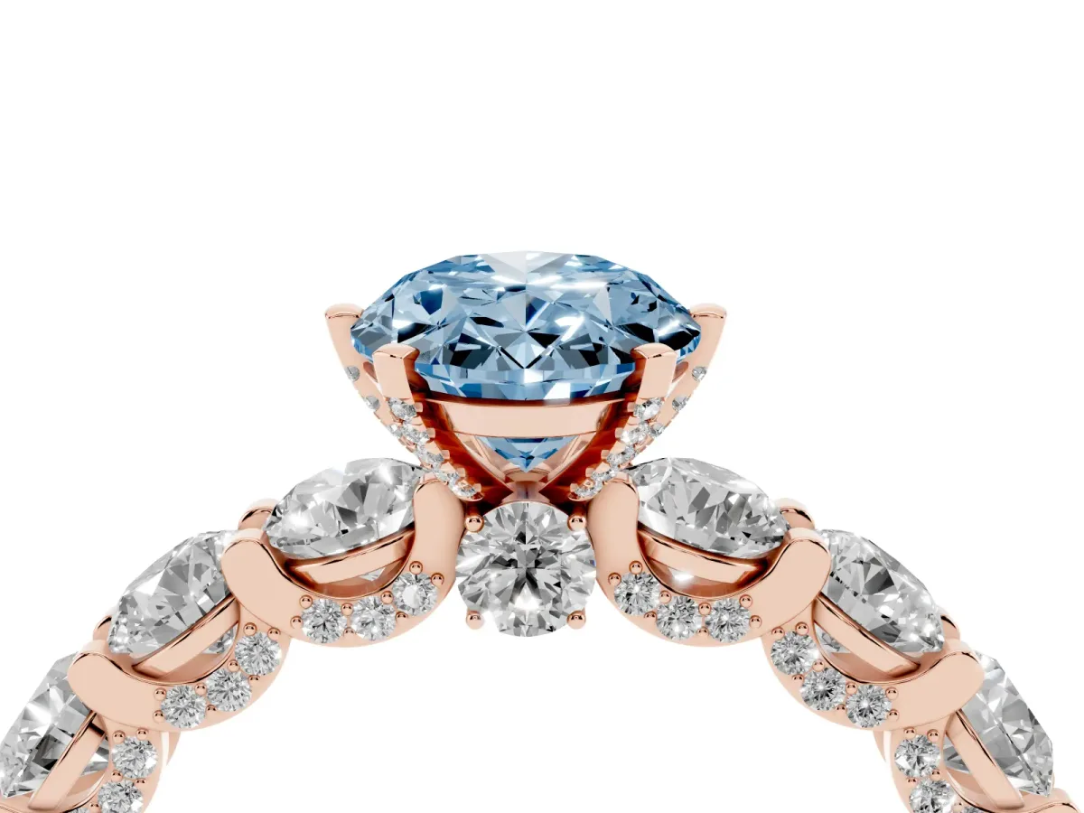 Fancy Blue Oval Cut Diamond Side Stone Engagement Ring with Four-Prong Setting Rose gold