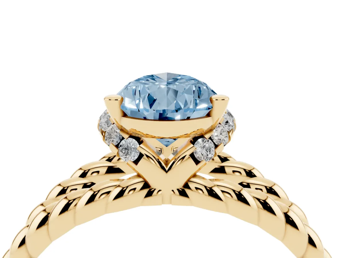 Fancy Blue Pear Cut Halo Twisted Band Four-Prong Ring Yellow gold