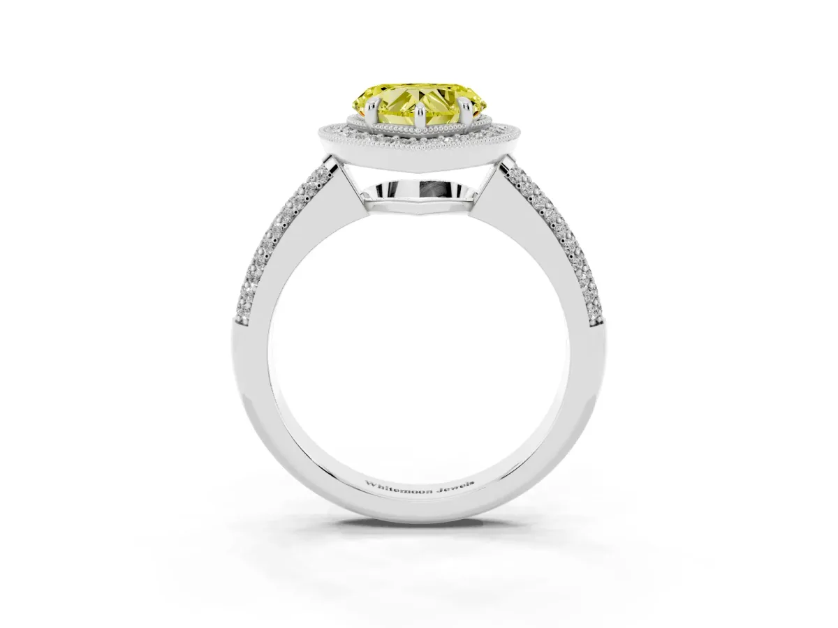 Fancy Yellow Heart Cut Cut Halo Diamond Pave Band with Four-Prong Setting Platinum