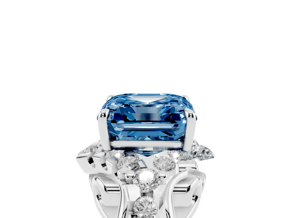 Fancy Blue Asscher Cut Diamond Solitaire Ring with Hidden Halo and Pavé Band Platinum