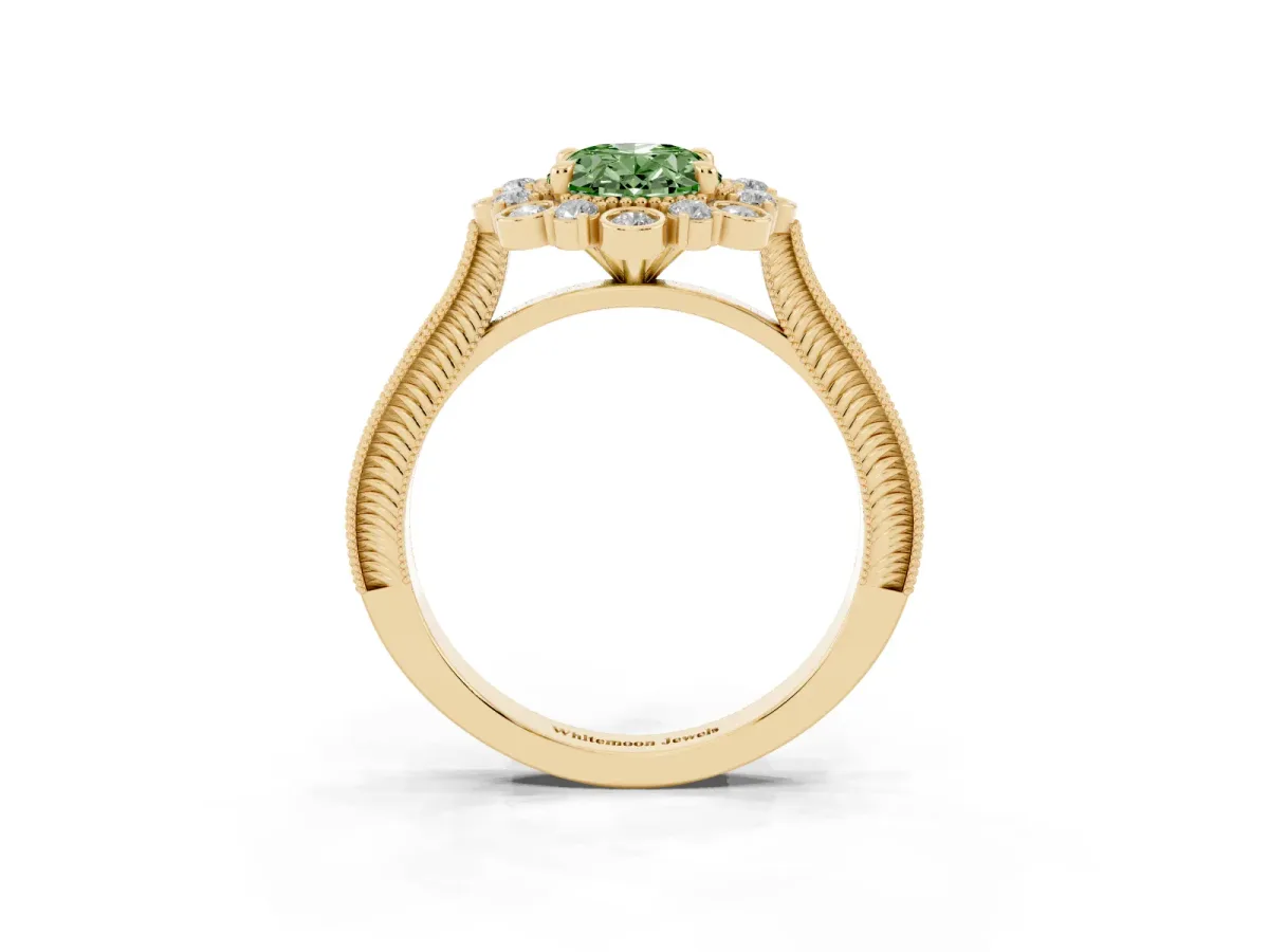 Fancy Green Oval Cut Halo Milgrain Pave Diamond Ring with Four-Prong Setting Yellow gold