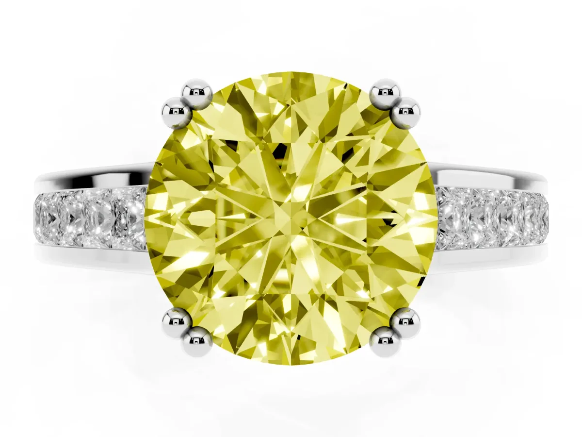 Fancy Yellow Round Cut Cut Channel Set Solitaire Engagement Ring with Prong Setting Platinum
