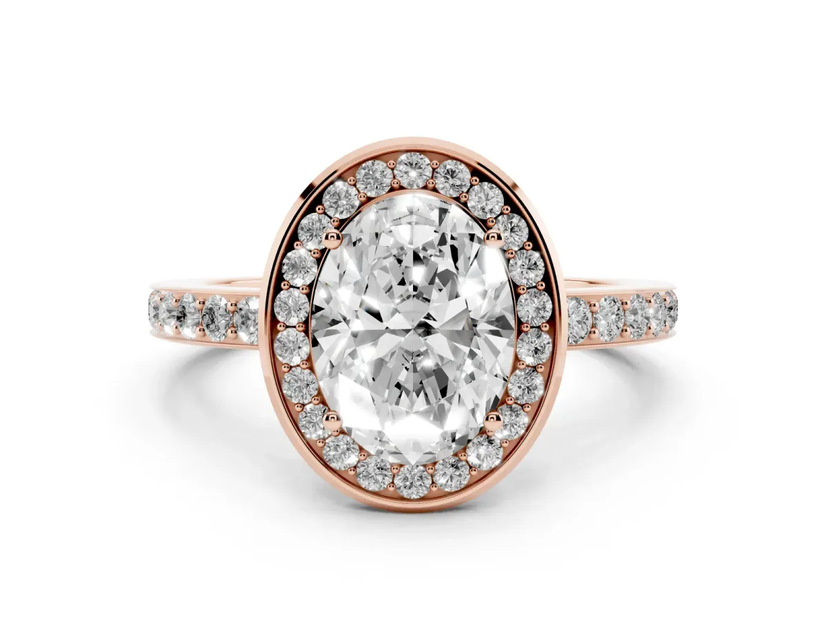 Oval Cut Diamond Halo Ring with Bezel Frame and Pavé Band Rose gold