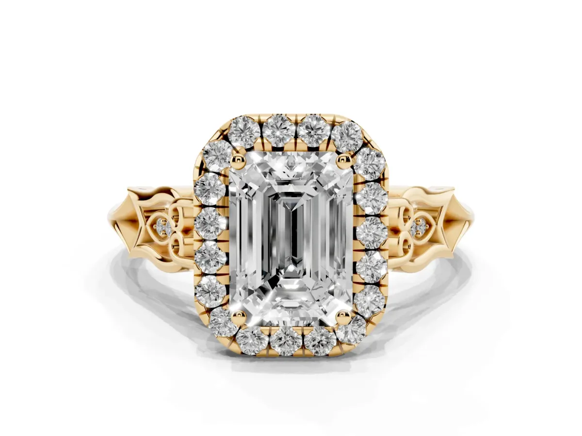 Emerald Cut Halo Diamond Engagement Ring with Filigree Band and Four-Prong Setting Yellow gold