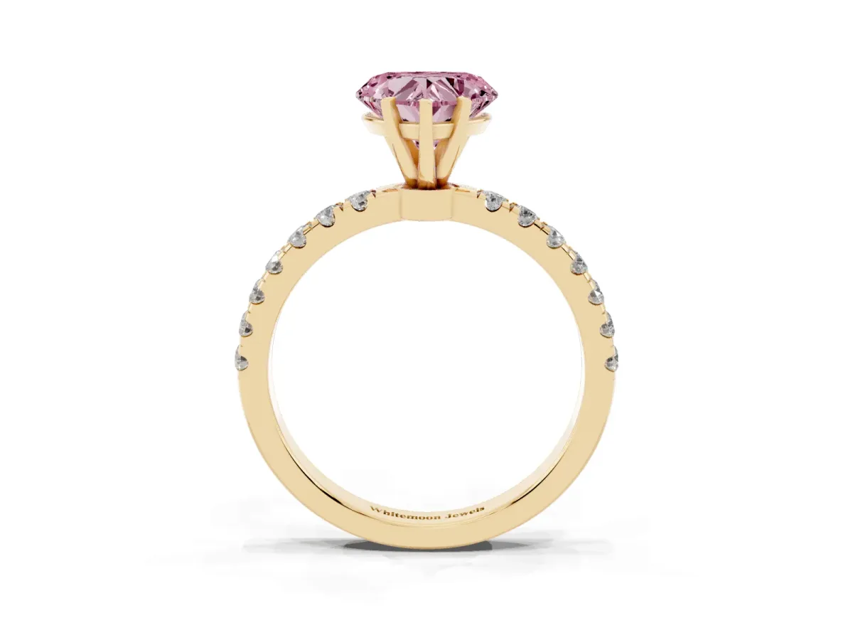 Fancy Pink Heart Cut Diamond Solitaire Ring with Pavé Accents and Four-Prong Setting Yellow gold