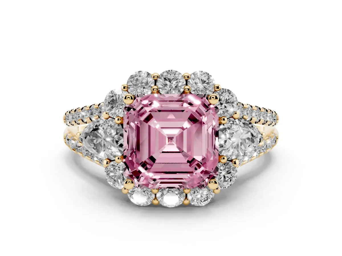 Fancy Pink Asscher Cut Halo Split Shank Diamond Engagement Ring with Prong Setting Yellow gold