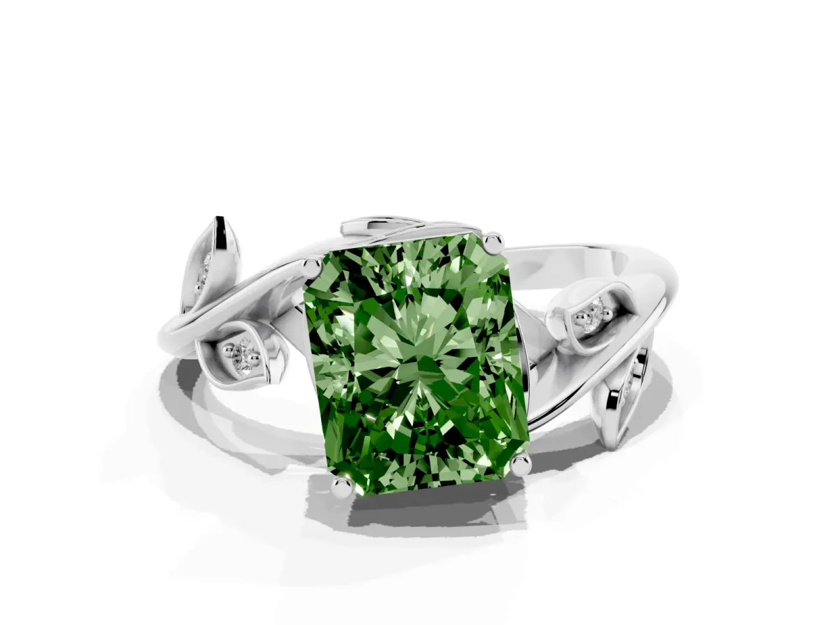 Fancy Green Radiant Cut Solitaire Twist Engagement Ring with Leaf Accents and Prong Setting Silver