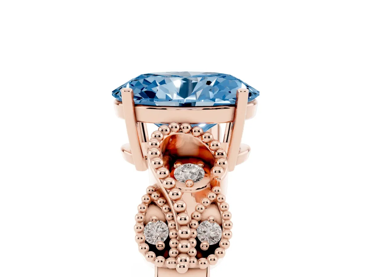 Fancy Blue Oval Cut Solitaire Milgrain Leaf Band with Prong Setting Rose gold