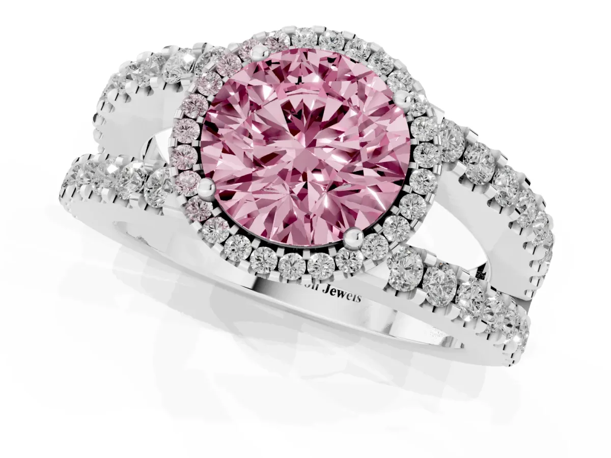Fancy Pink Round Cut Cut Halo Split Shank Diamond Ring with Four-Prong Setting Silver