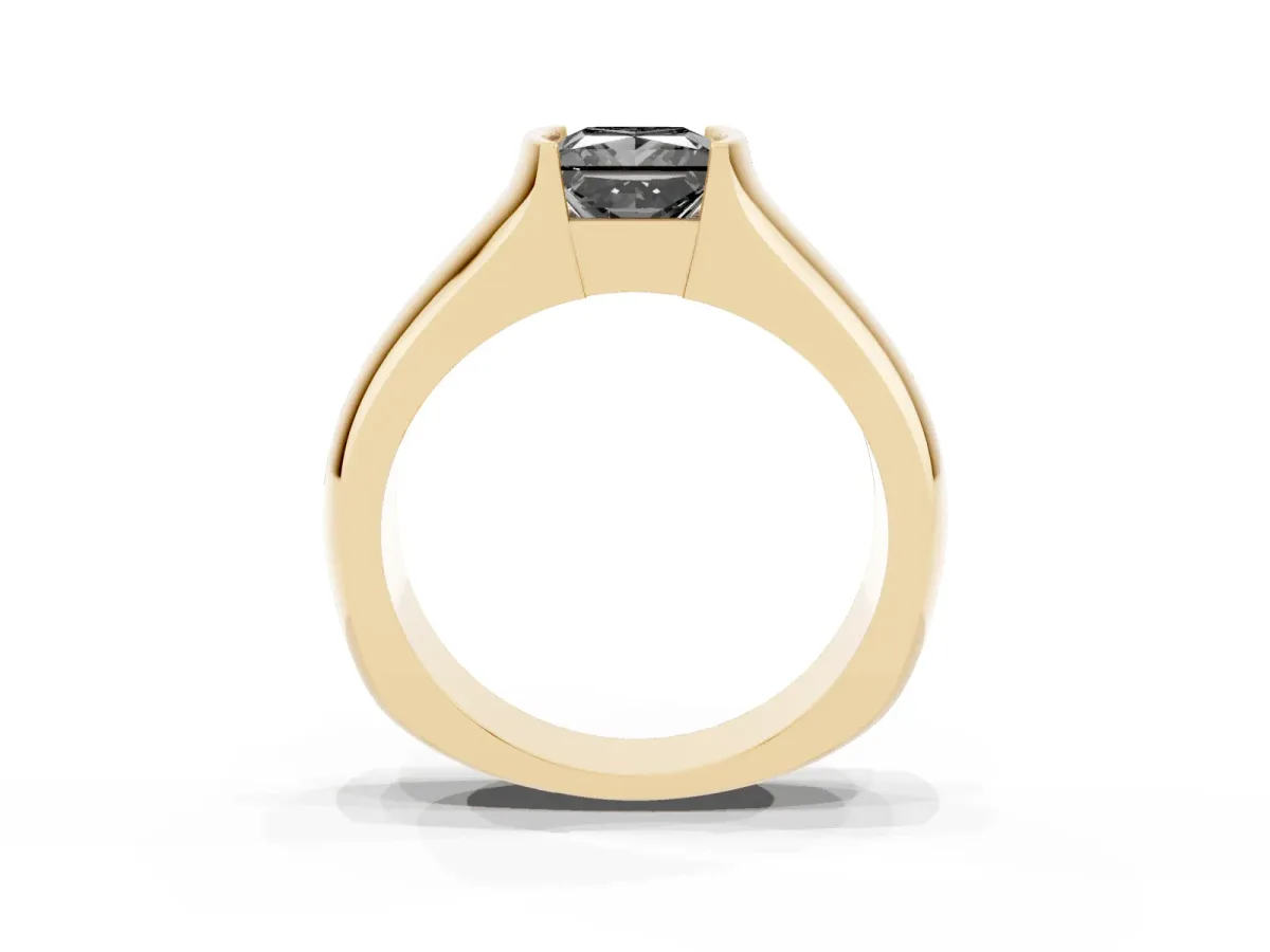 Fancy Black Princess Cut Solitaire Bezel Set Diamond Ring with Wide Band Yellow gold