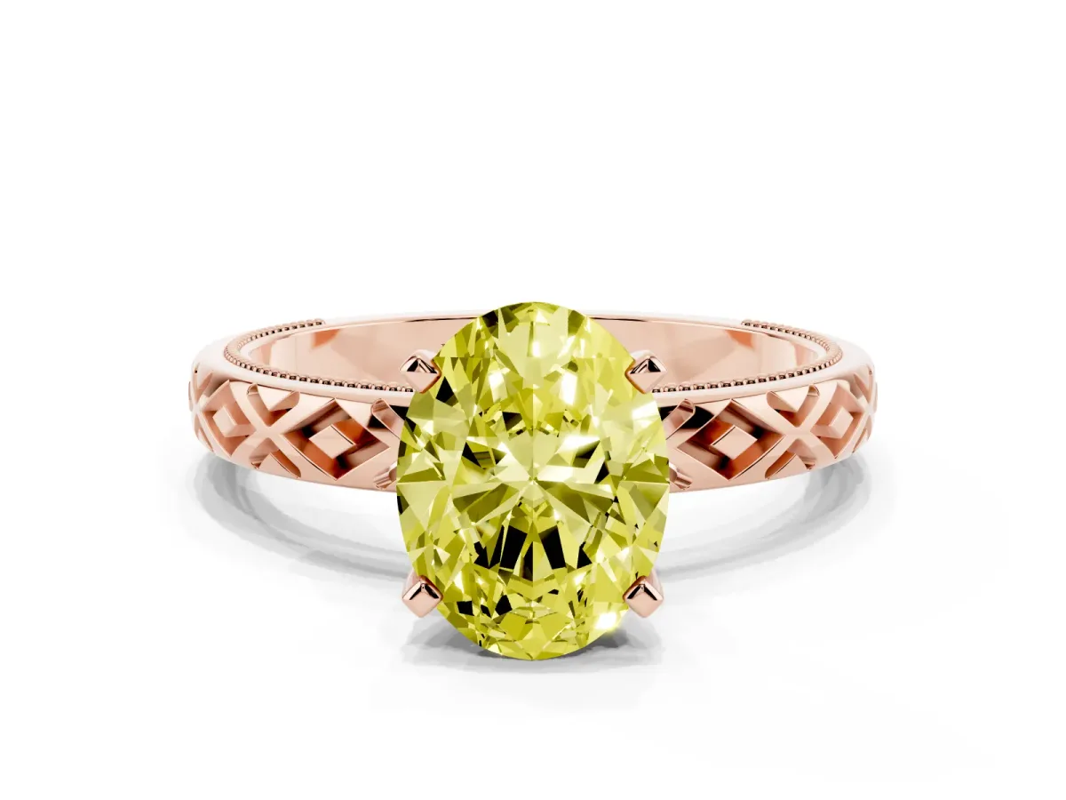Fancy Yellow Oval Cut Solitaire Diamond Ring with Milgrain and Black Enamel X Pattern Band Rose gold