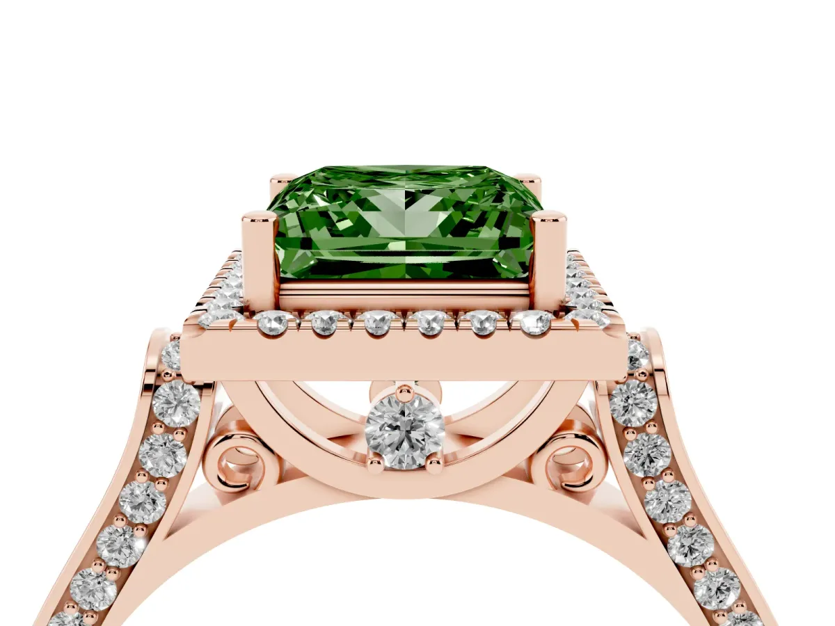 Fancy Green Princess Cut Halo Round Diamond Twist Band with Four-Prong Setting Rose gold