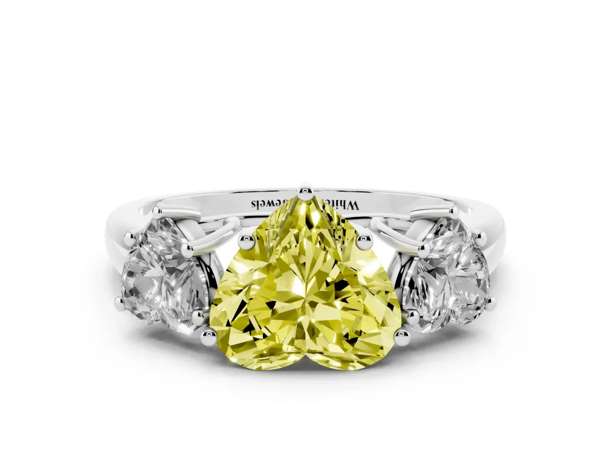 Fancy Yellow Three-Stone Heart Cut Diamond Engagement Ring with Prong Setting Platinum