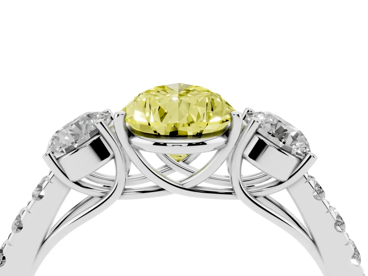 Fancy Yellow Pear Cut Cut Diamond Three-Stone Ring with Round Side Stones and Pavé Band Silver