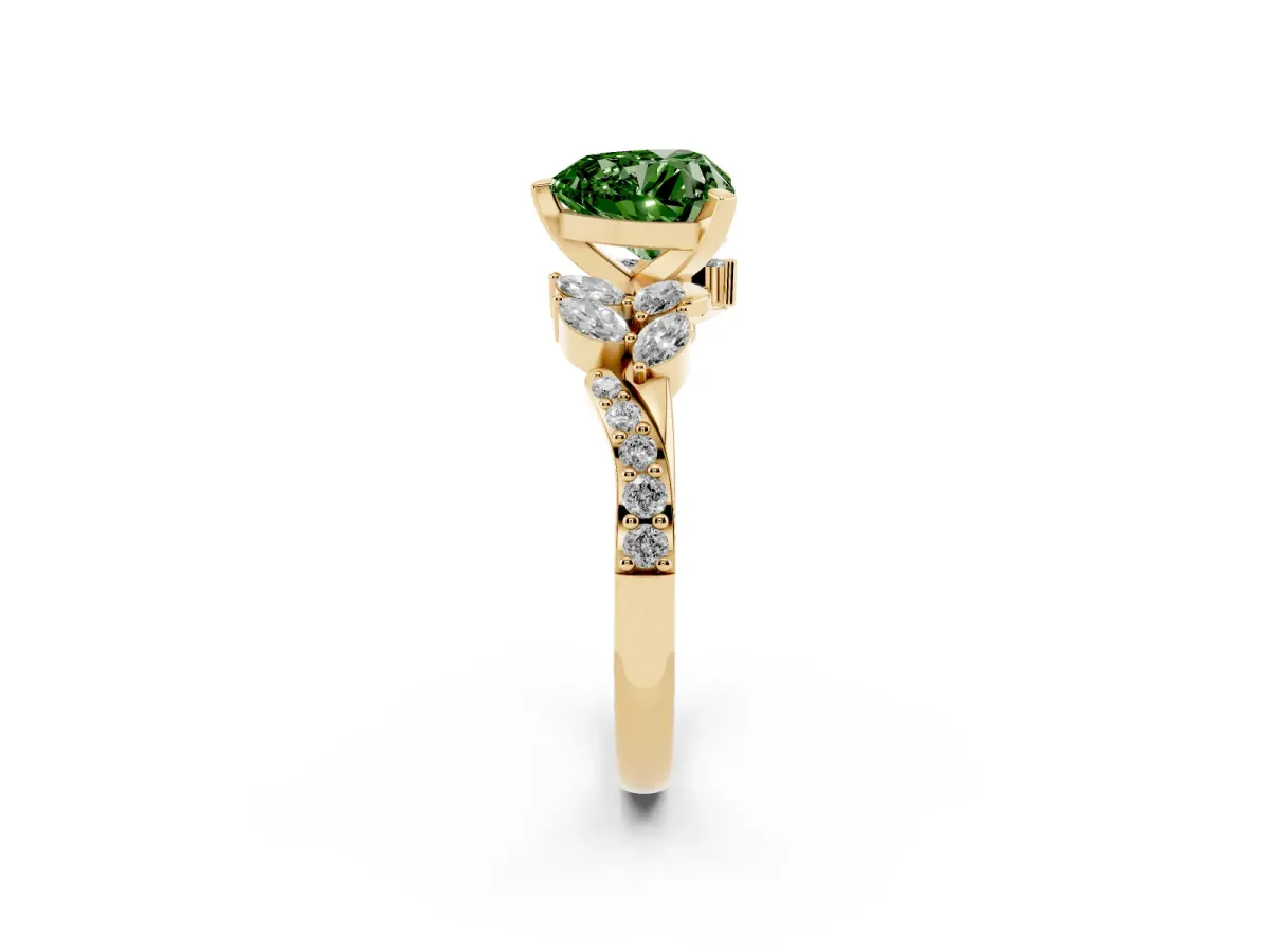 Fancy Green Heart Cut Solitaire Marquise Twist Band with Six-Prong Setting Yellow gold