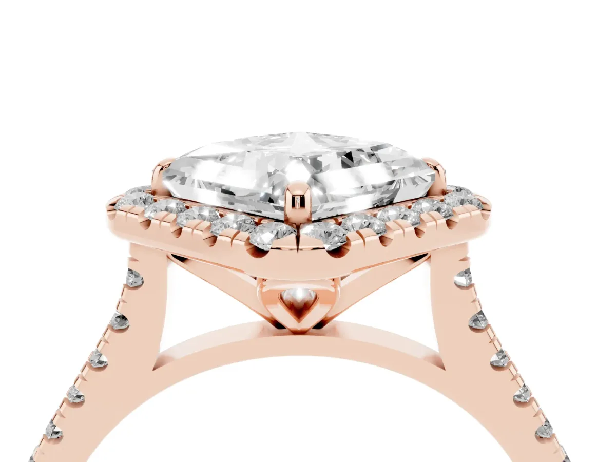Princess Cut Diamond Cushion Halo Ring with Pavé Band Rose gold