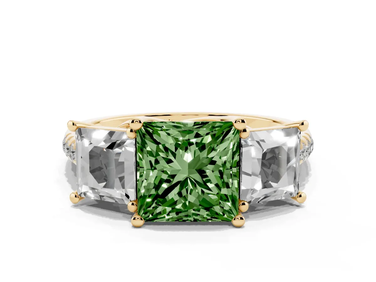 Fancy Green Three-Stone Princess Cut Diamond Ring with Round Pavé Band and Prong Setting Yellow gold