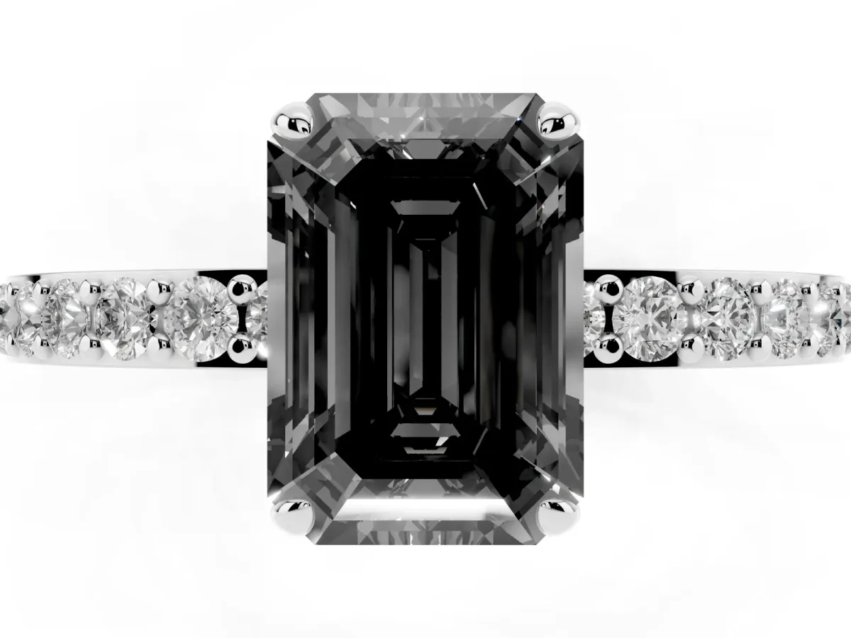Fancy Black Emerald Cut Diamond Pavé Engagement Ring with Round Accents and Prong Setting Silver