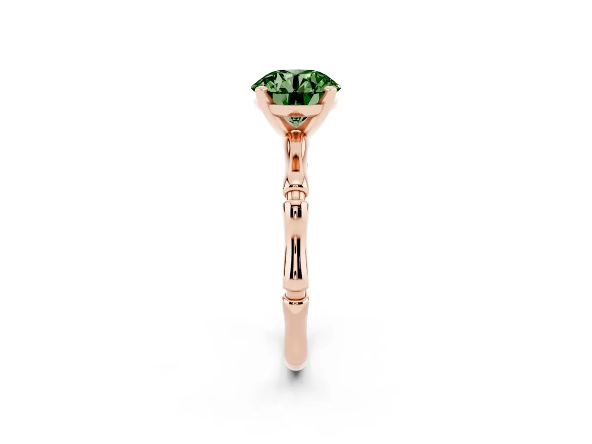 Fancy Green Round Cut Solitaire Diamond Ring with Bamboo Band and Four-Prong Setting Rose gold