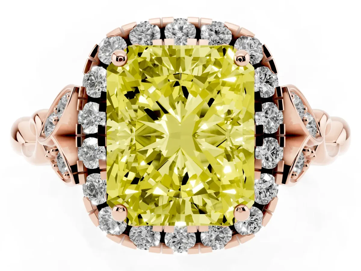Fancy Yellow Radiant Cut Halo Diamond Engagement Ring with Vintage-Inspired Band and Four-Prong Setting Rose gold