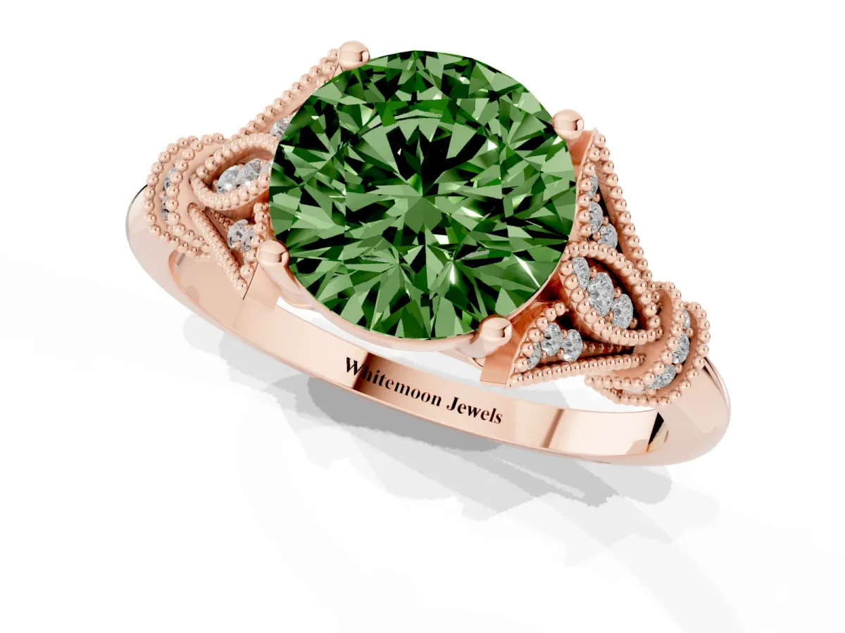 Fancy Green Round Cut Diamond Solitaire Ring with Floral Filigree and Pave Accents Rose gold