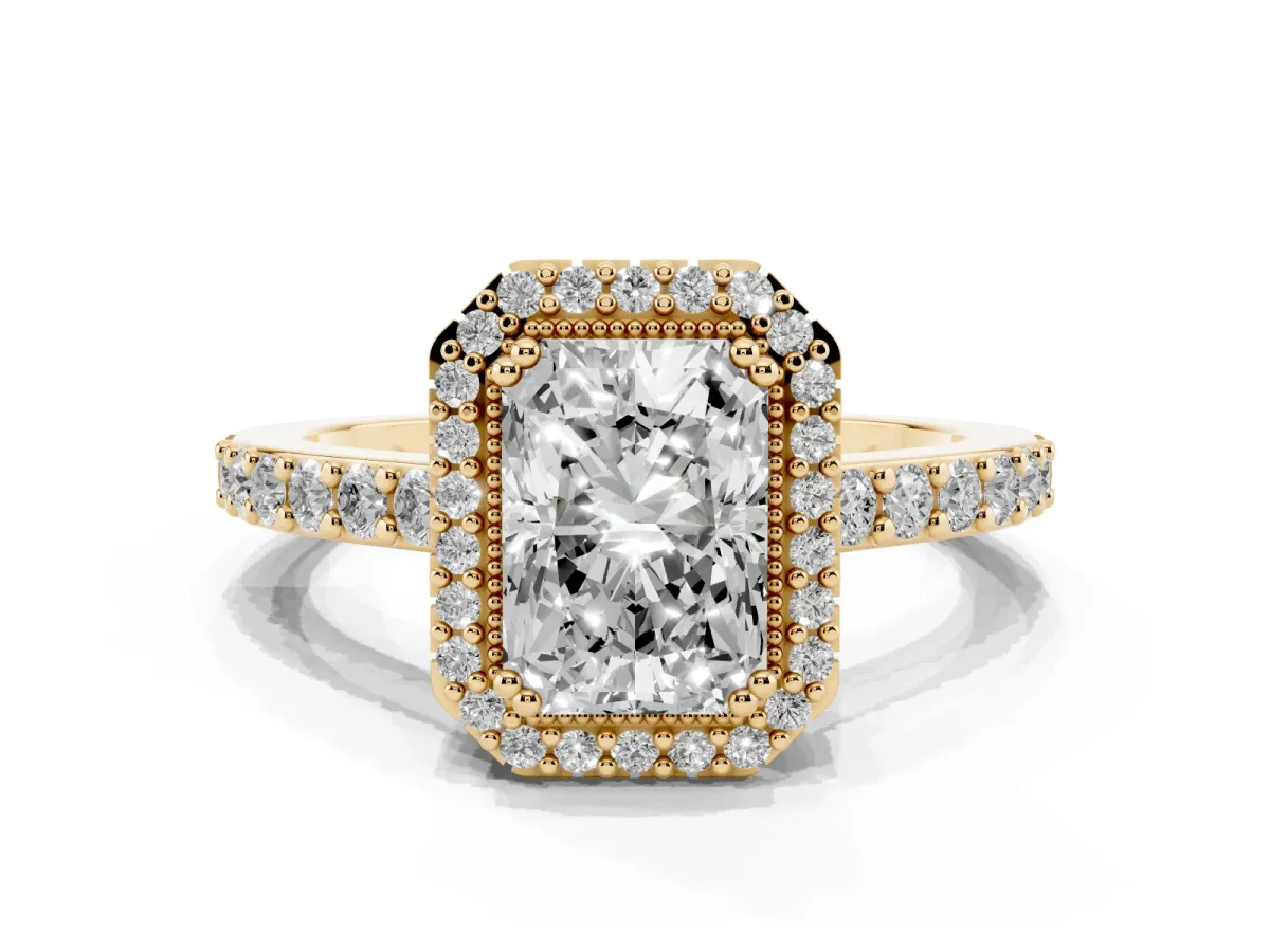 Radiant Cut Cut Diamond Halo Engagement Ring with Milgrain Detail and Pavé Band Yellow gold