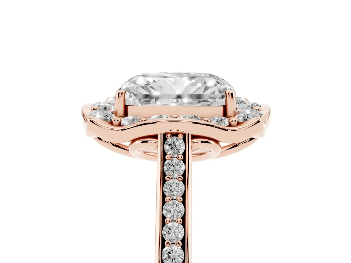 Radiant Cut Halo Round Diamond Pave Band with Four-Prong Setting Rose gold