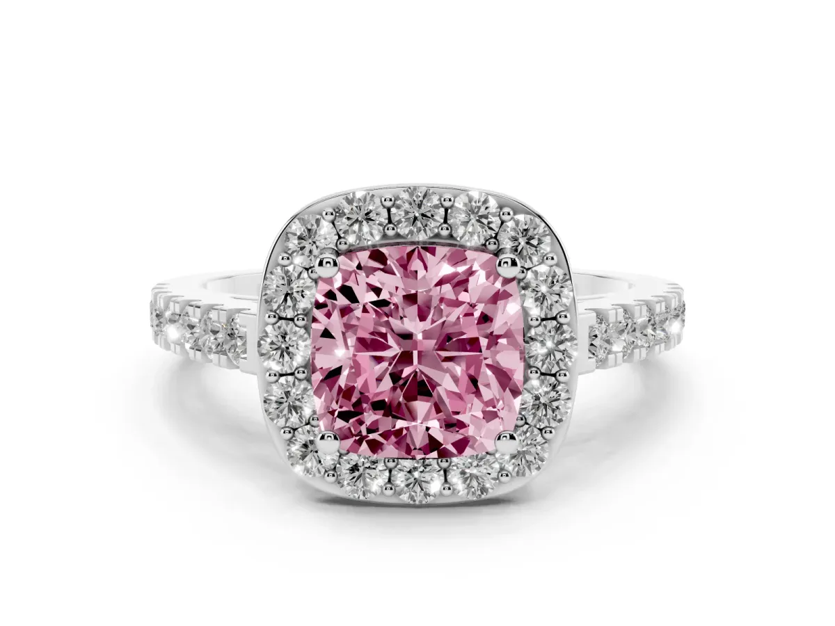 Fancy Pink Cushion Cut Diamond Halo Ring with Round Pavé Split Shank and Prong Setting Silver
