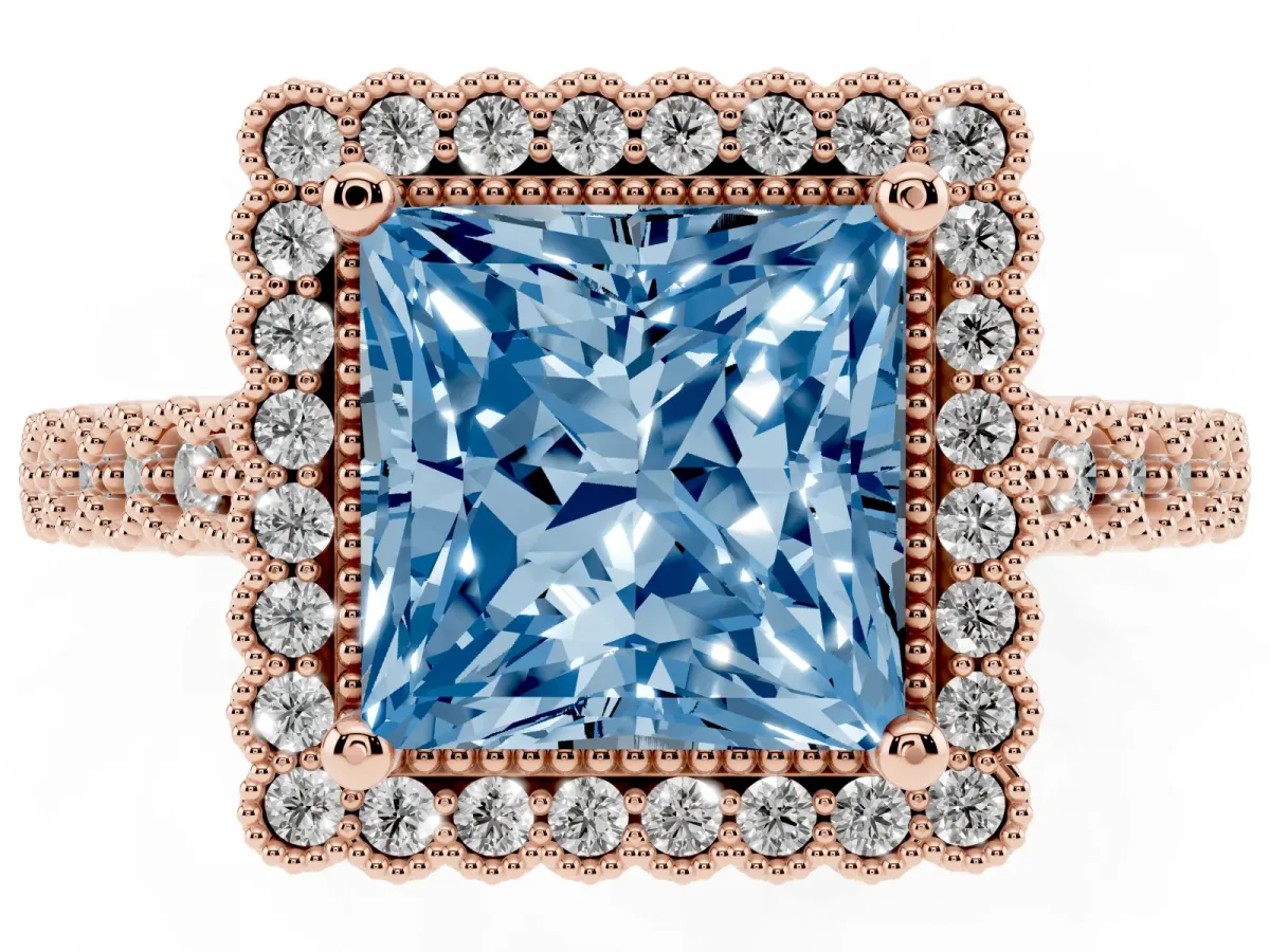 Fancy Blue Princess Cut Cut Halo Pavé Solitaire Ring with Milgrain Band Rose gold