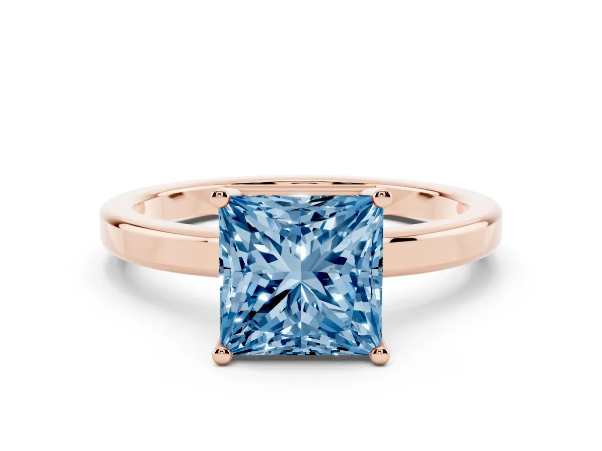Fancy Blue Princess Cut Cut Solitaire Engagement Ring with Four-Prong Setting on a Classic Band Rose gold