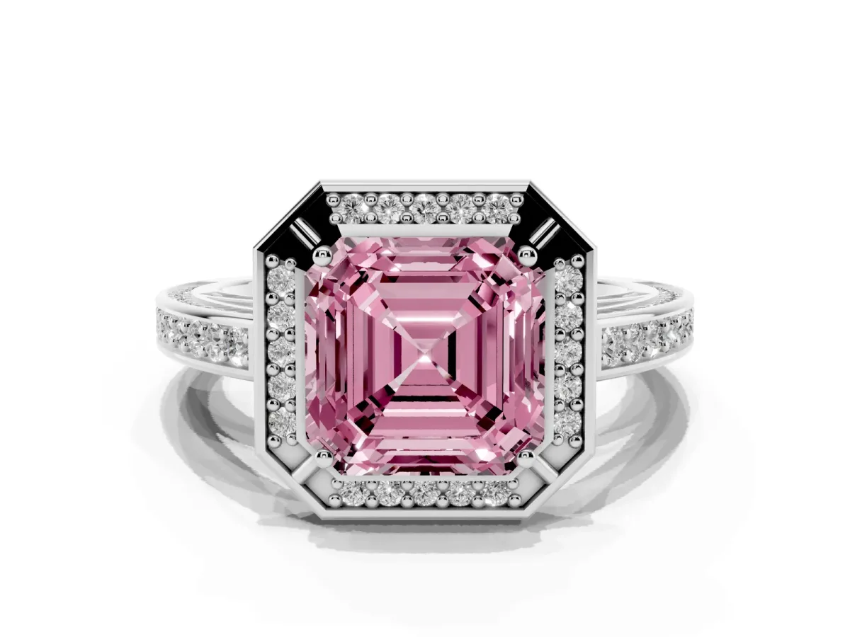 Fancy Pink Asscher Cut Cut Halo Pave Split Shank Prong Setting Ring Silver