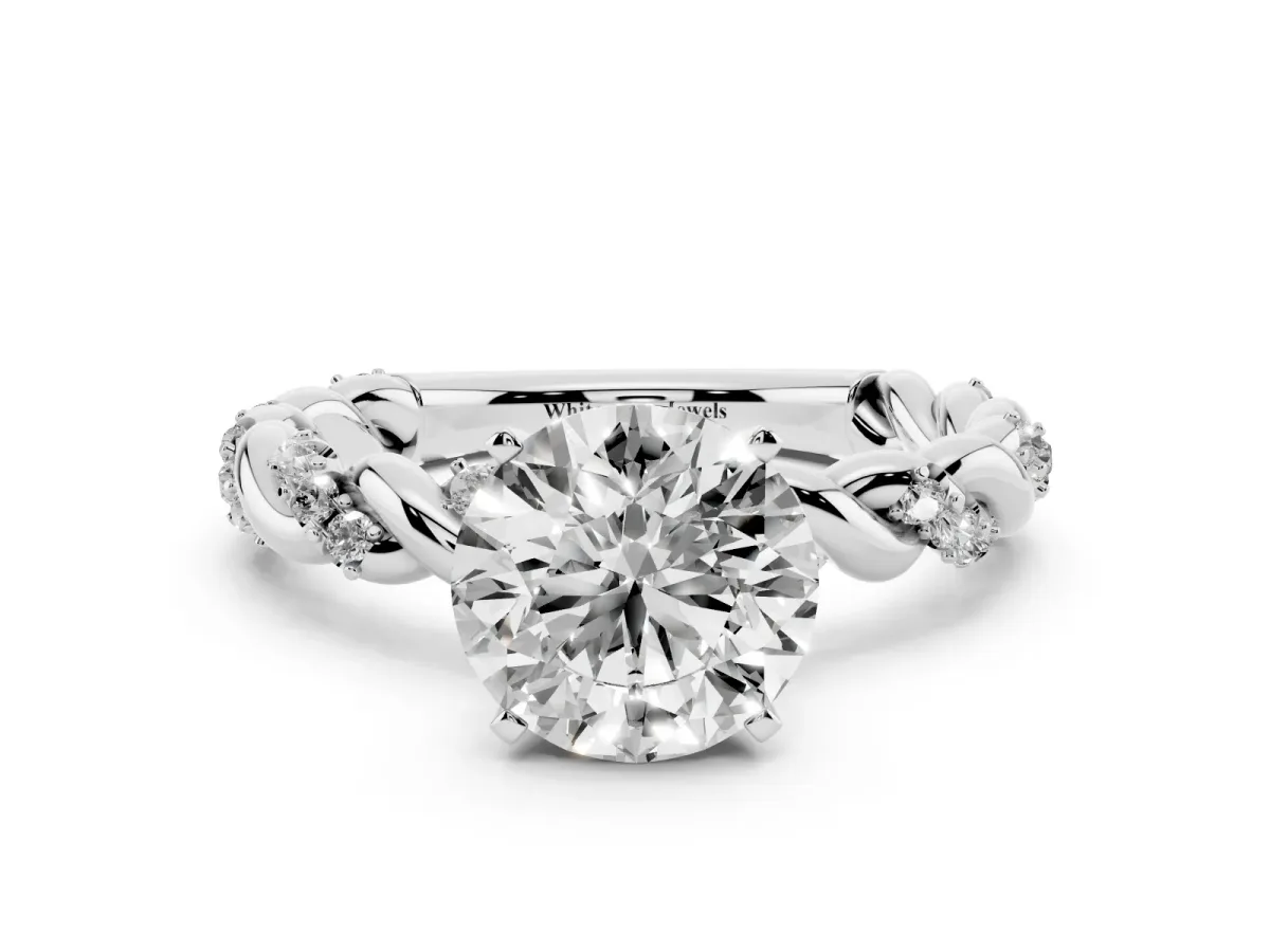 Round Cut Diamond Solitaire Ring with Twisted Band and Pavé Accents White gold