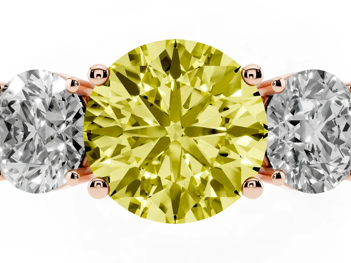 Fancy Yellow Three-Stone Round Cut Cut Diamond Engagement Ring with Flat Band and Four-Prong Setting Rose gold