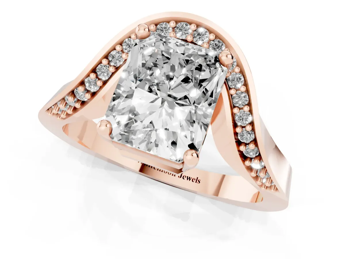 Radiant Cut Solitaire Diamond Engagement Ring with Pave Band and Four-Prong Setting Rose gold