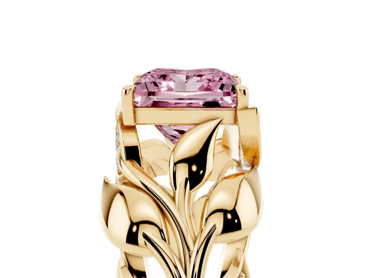 Fancy Pink Princess Cut Diamond Leaf-Inspired Engagement Ring with Round Accents and Prong Setting Yellow gold