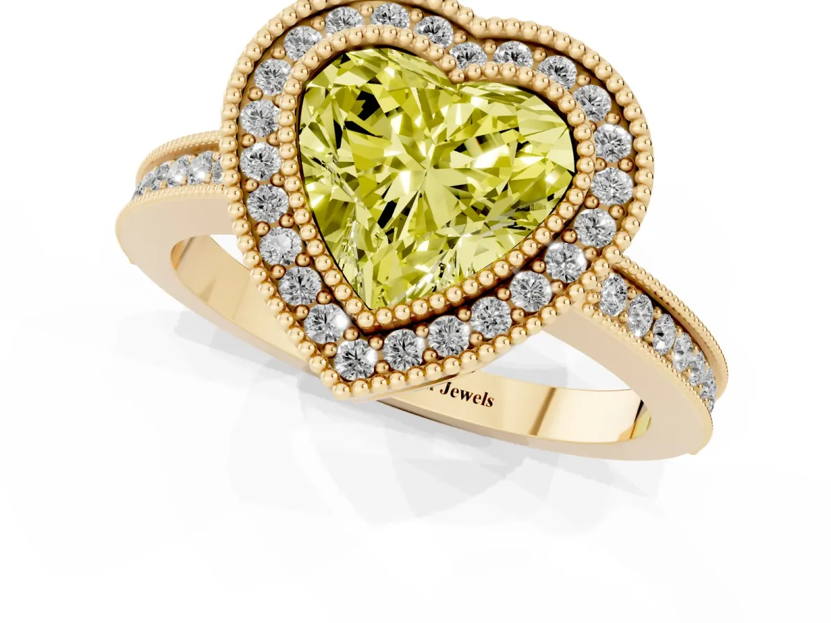 Fancy Yellow Heart Cut Cut Halo Diamond Ring with Pavé Band and Milgrain Prong Setting Yellow gold