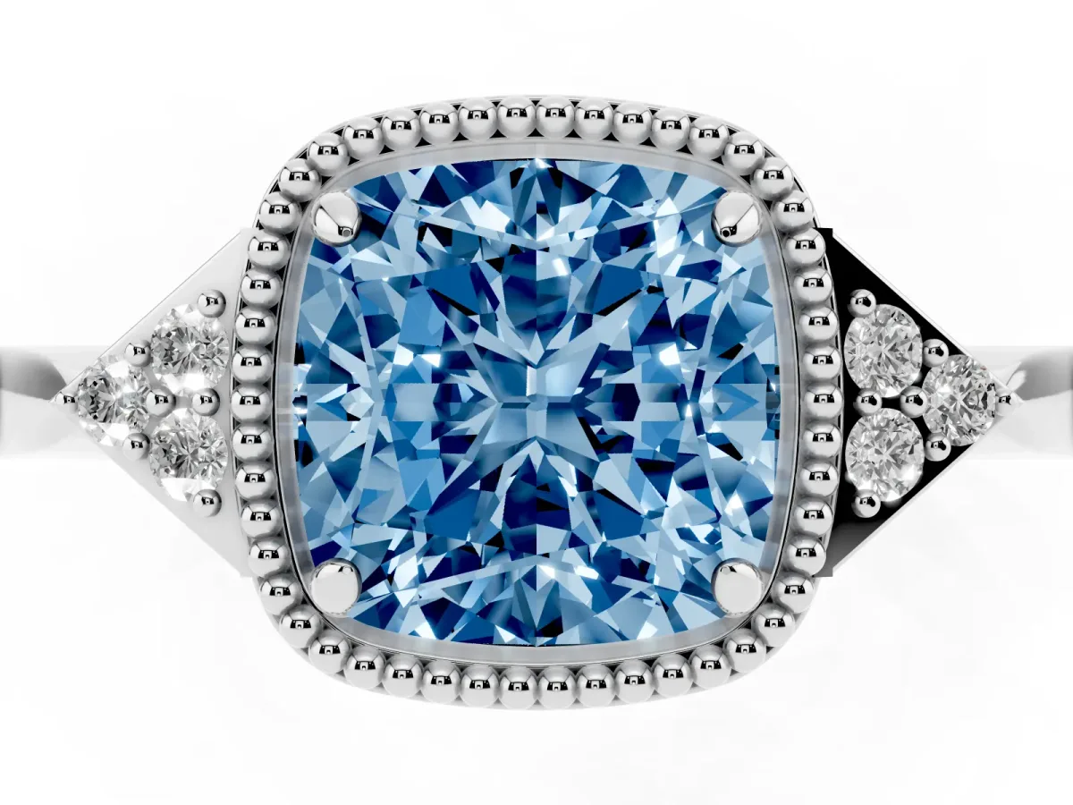 Fancy Blue Cushion Cut Diamond Halo Ring with Tapered Band and Four-Prong Setting White gold